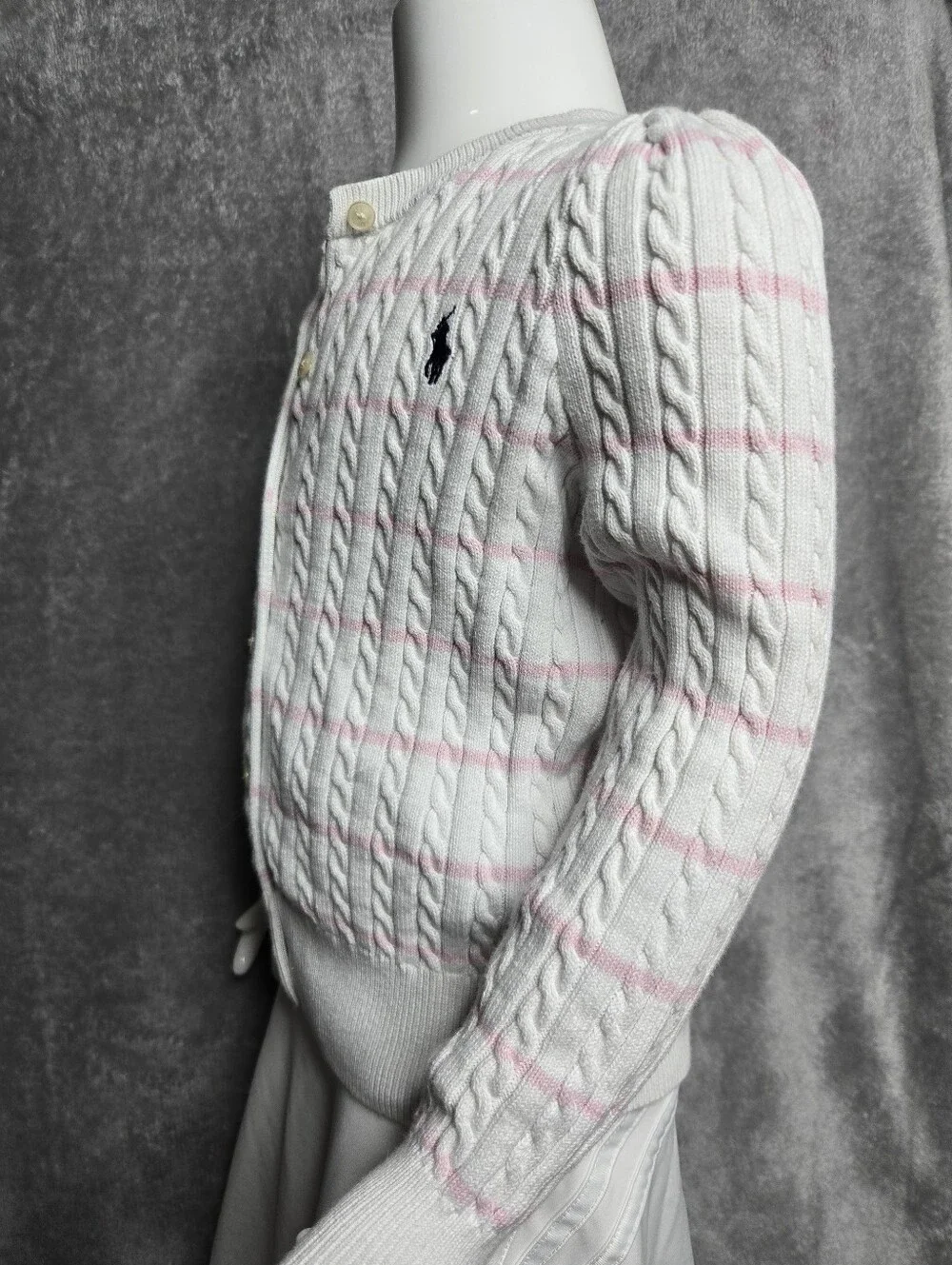 Ralph Lauren White Cable-Knit Cardigan with Light Pink Stripes